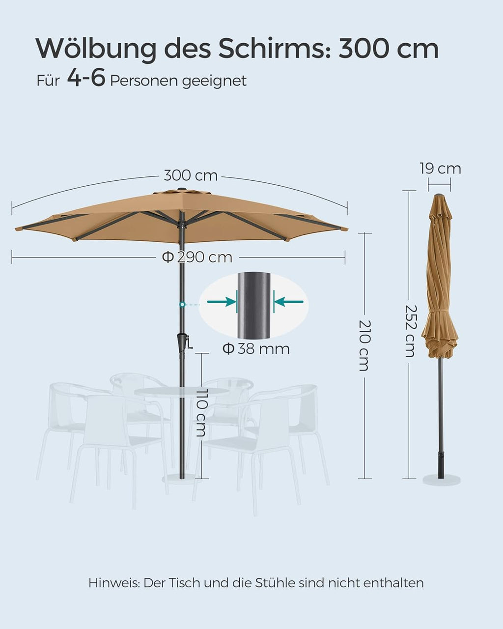 Tuinparasol – Ø 2 / 2.7 / 3 / 3.3 Meter – UPF 50+ Zonbescherming – Kantelbaar 30° – Met Zwengel – Zonder Standaard