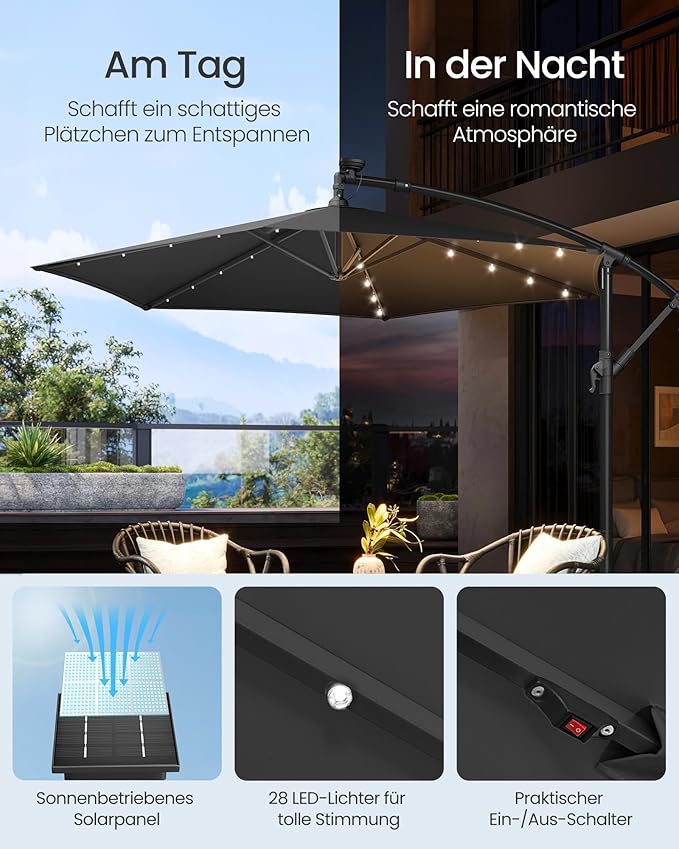 Parasol Met LED Solarverlichting – Met Standaard – UPF 50+ – Met Zwenkel – Voor Balkon En Tuin
