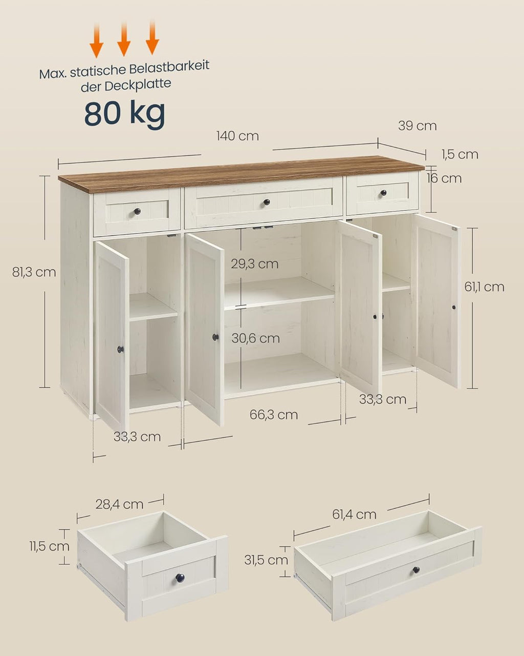 Dressoir – Keukenkast Met Werkblad En Verstelbare Planken – Wit En Honingbruin – Montage Zonder Gereedschap