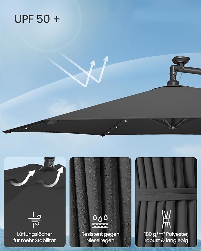 Parasol Met LED Solarverlichting – Met Standaard – UPF 50+ – Met Zwenkel – Voor Balkon En Tuin