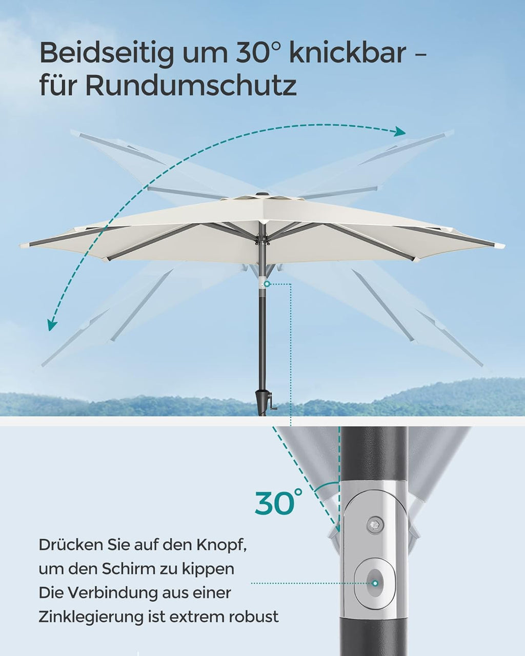 Tuinparasol – Ø 2 / 2.7 / 3 / 3.3 Meter – UPF 50+ Zonbescherming – Kantelbaar 30° – Met Zwengel – Zonder Standaard