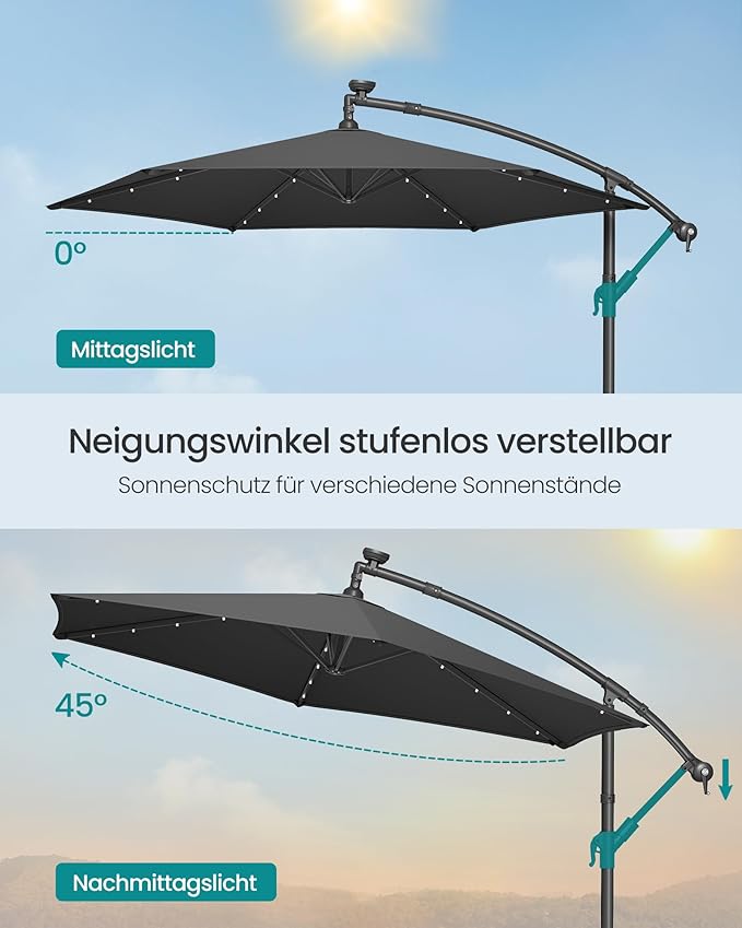 Parasol Met LED Solarverlichting – Met Standaard – UPF 50+ – Met Zwenkel – Voor Balkon En Tuin