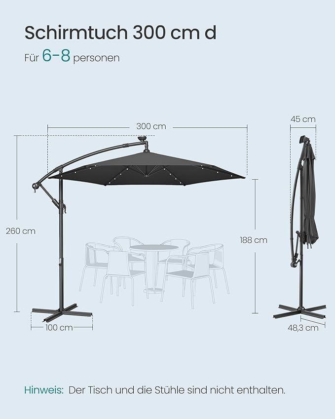 Parasol Met LED Solarverlichting – Met Standaard – UPF 50+ – Met Zwenkel – Voor Balkon En Tuin