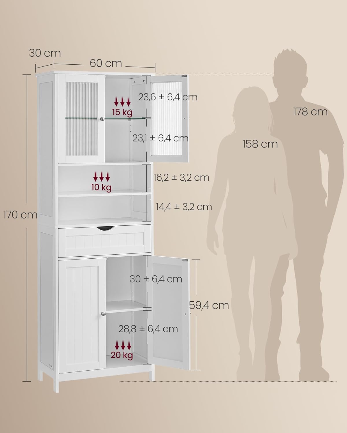 Badkamerkast Hoog 170 cm – Met of Zonder LED-Verlichting – Verstelbare Planken, Lade & Open Vakken – Wit