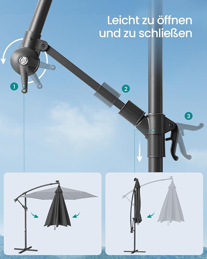 Parasol Met LED Solarverlichting – Met Standaard – UPF 50+ – Met Zwenkel – Voor Balkon En Tuin