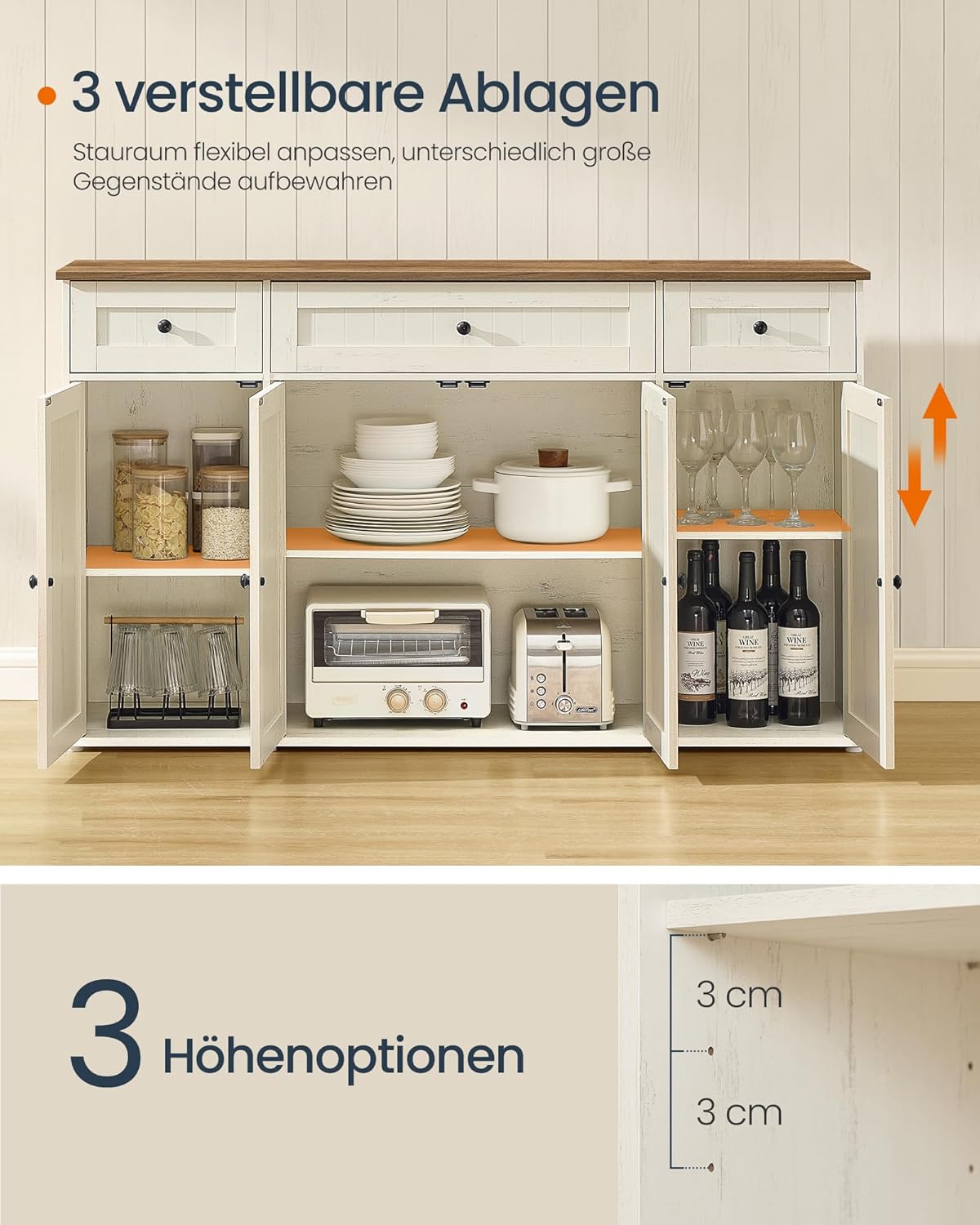Dressoir – Keukenkast Met Werkblad En Verstelbare Planken – Wit En Honingbruin – Montage Zonder Gereedschap