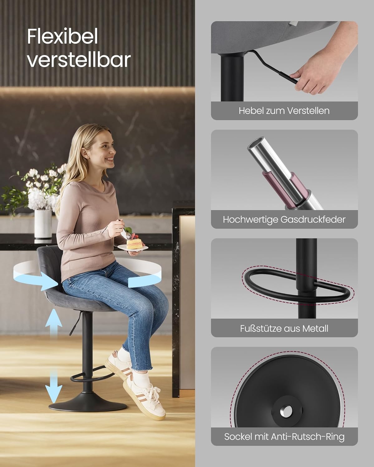 Fluwelen Barkrukken Set van 2 – In Hoogte Verstelbaar & 360° Draaibaar – Met Rugleuning En Voetsteun