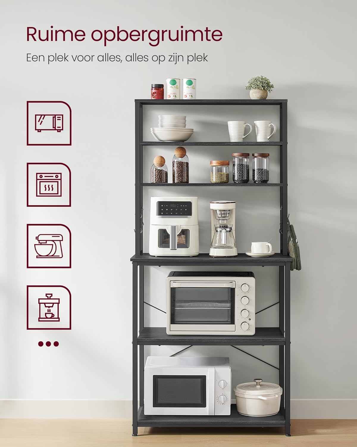 Keukenrek met 4 planken – Industriële Stijl – Met 6 S-haken – Verstelbare Poten - Keukenkast