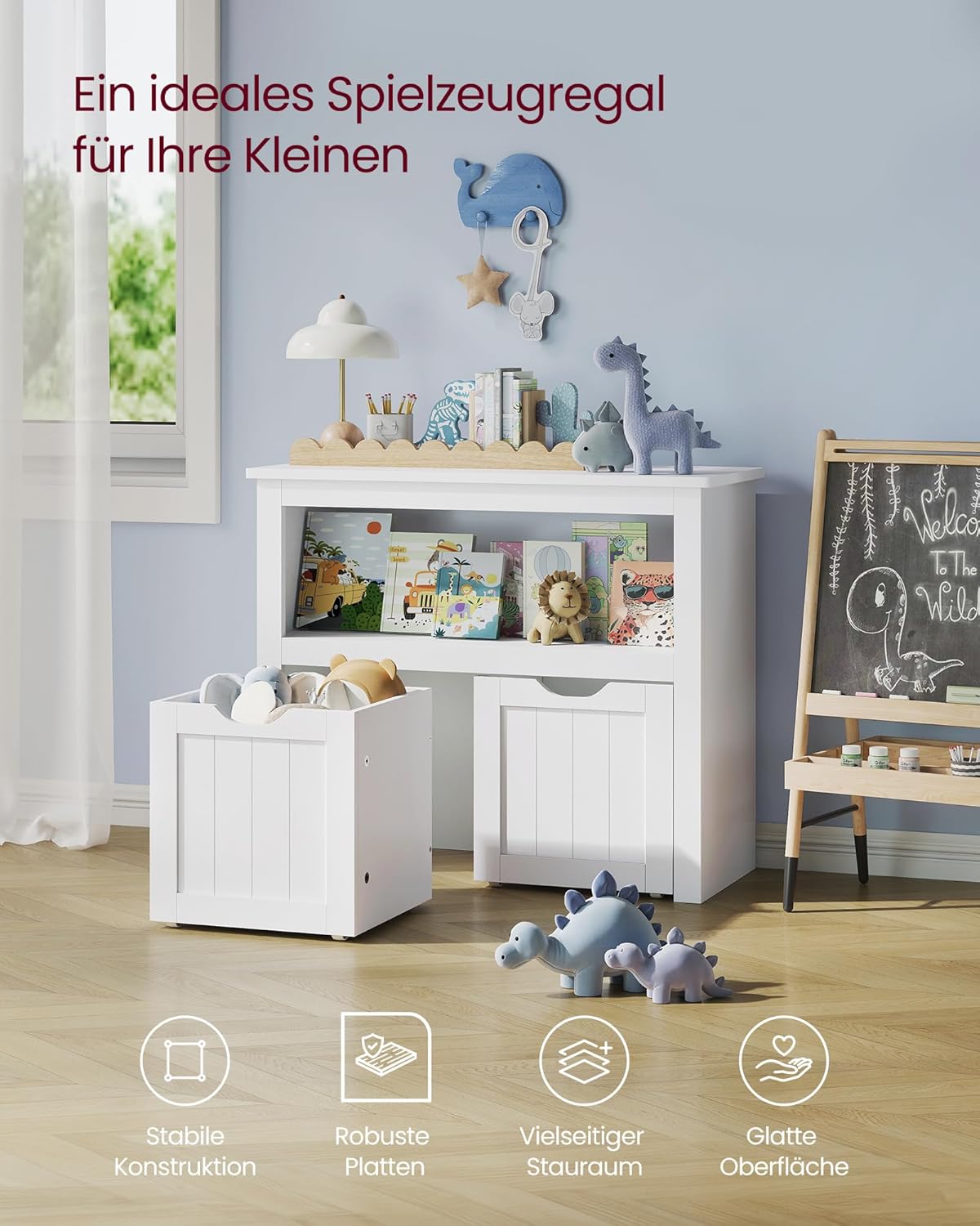 Kinderkast met Opbergboxen en Wielen – Speelgoedkast 72 cm – Wit