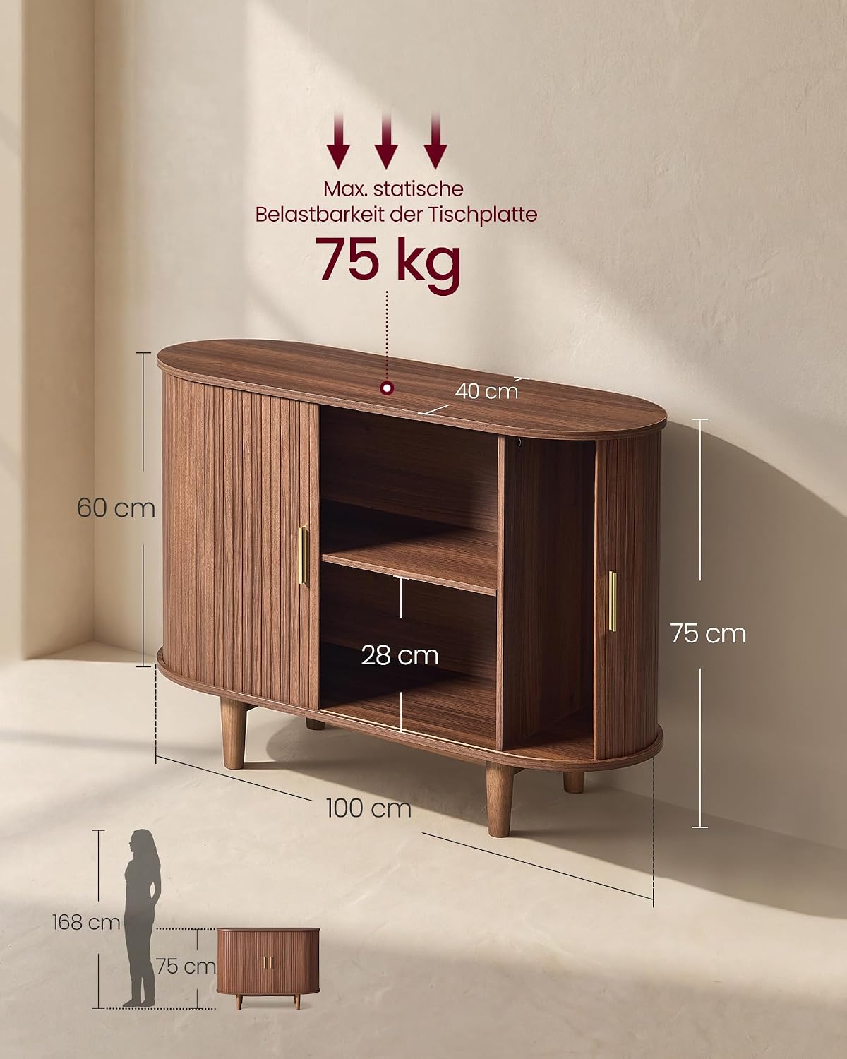 Dressoir Met Schuifdeuren - Geribbeld Walnoot Design - Met Verstelbare Planken