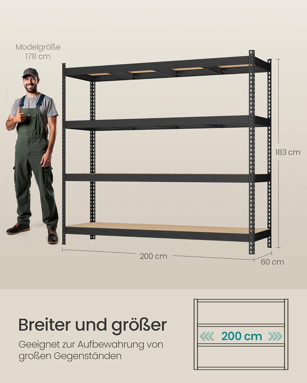Zwaar Opbergrek – Industriële Stijl – 4 Verstelbare Planken – Tot 2000 kg Draagkracht – 200 cm Breed – Zwart