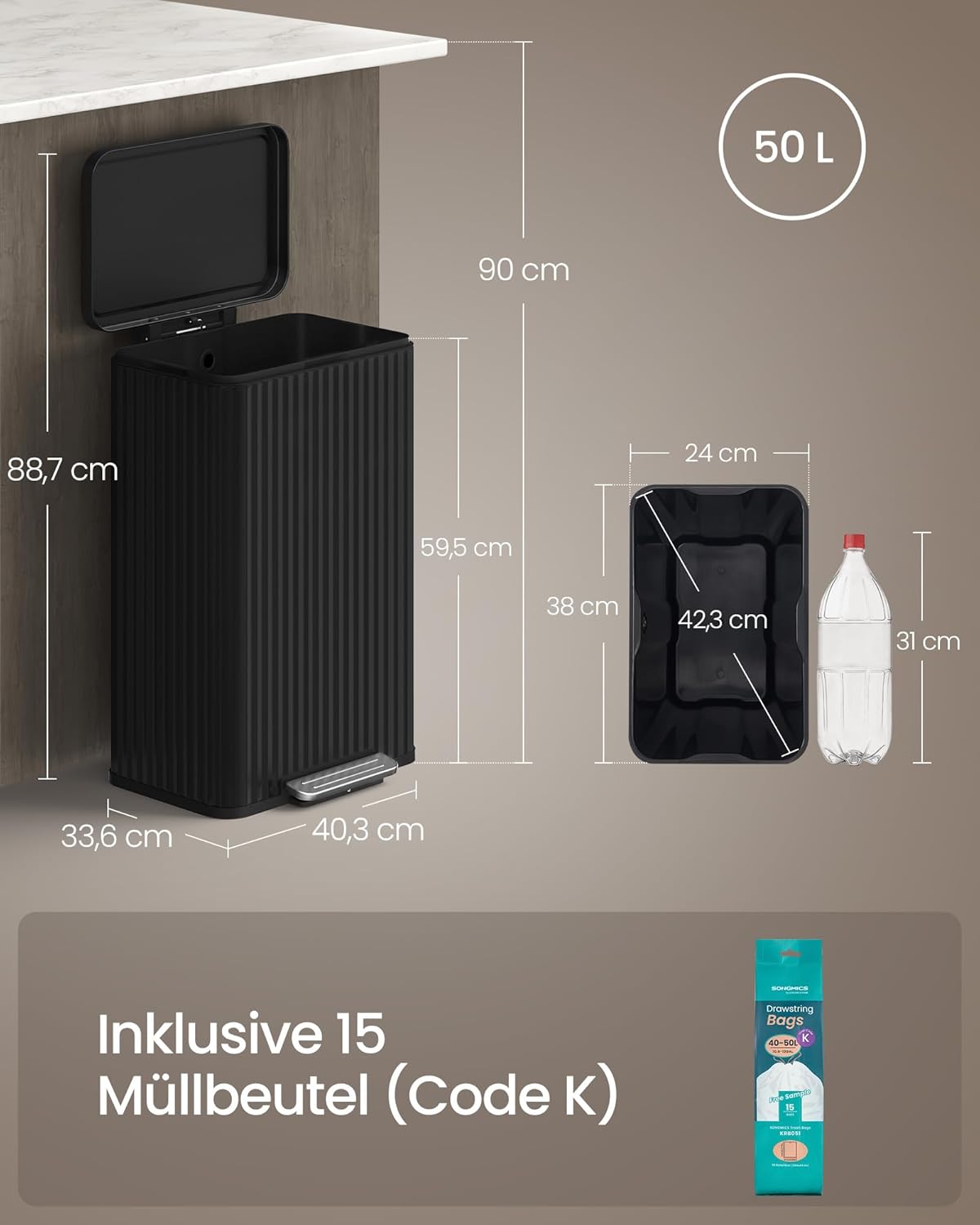 Vuilnisemmer Keuken – 50 Liter – Pedaalemmer Met Softclose Deksel – Stalen Binnenemmer – Inclusief 15 Vuilniszakken