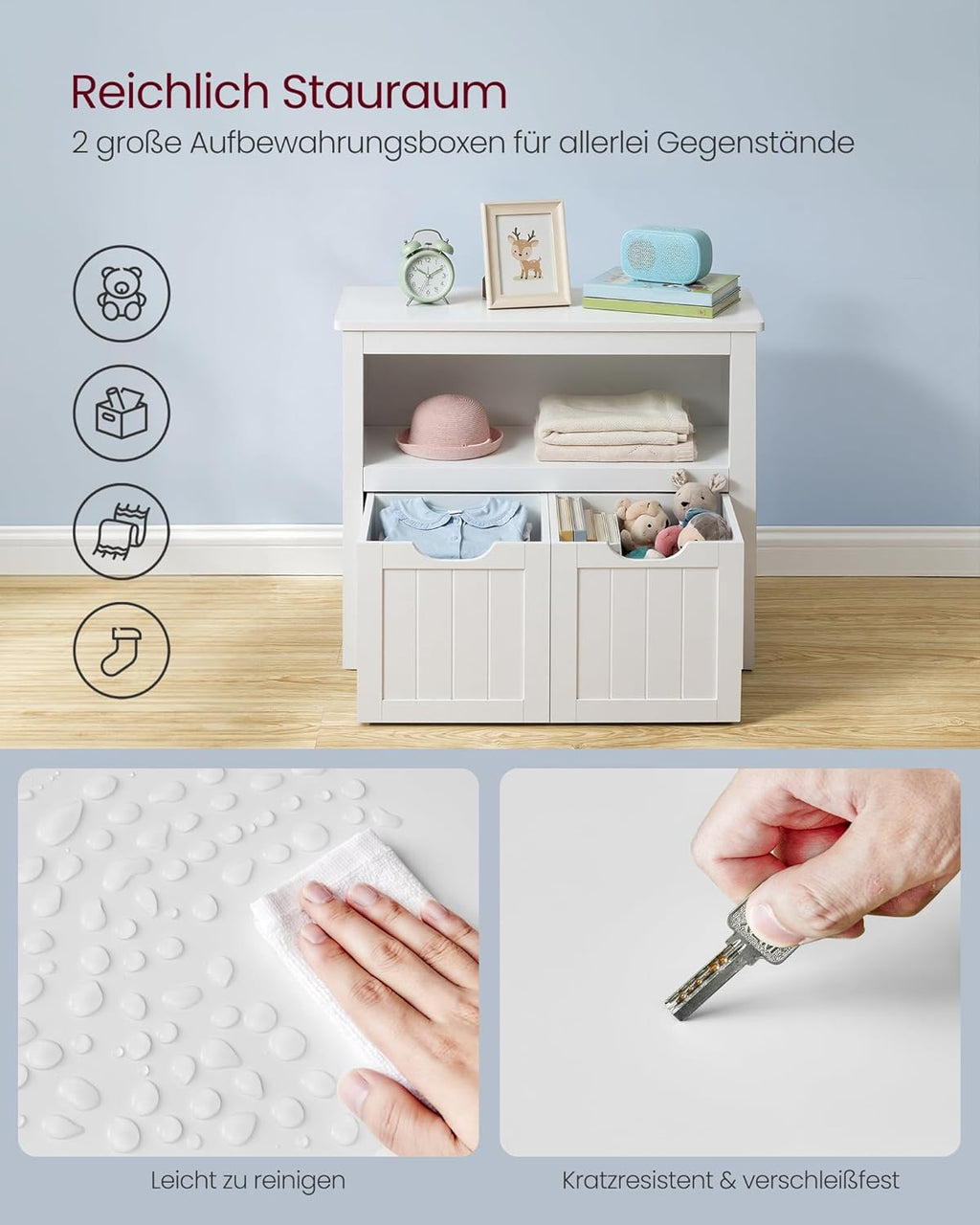 Kinderkast met Opbergboxen en Wielen – Speelgoedkast 72 cm – Wit