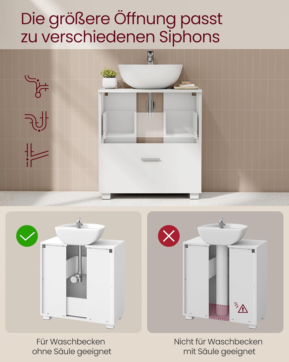 Wastafelonderkast 60 cm Wit – Badkamermeubel met 2 Lades en Hoge Poten – 30 x 60 x 63,8 cm