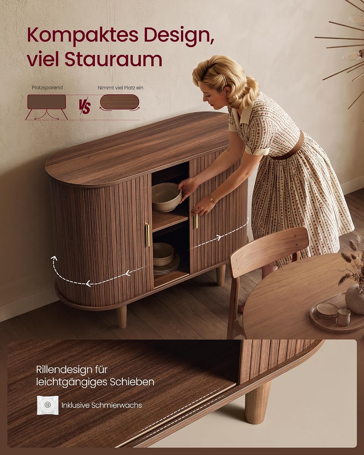 Dressoir Met Schuifdeuren - Geribbeld Walnoot Design - Met Verstelbare Planken