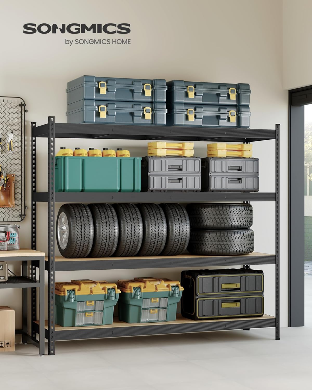 Zwaar Opbergrek – Industriële Stijl – 4 Verstelbare Planken – Tot 2000 kg Draagkracht – 200 cm Breed – Zwart