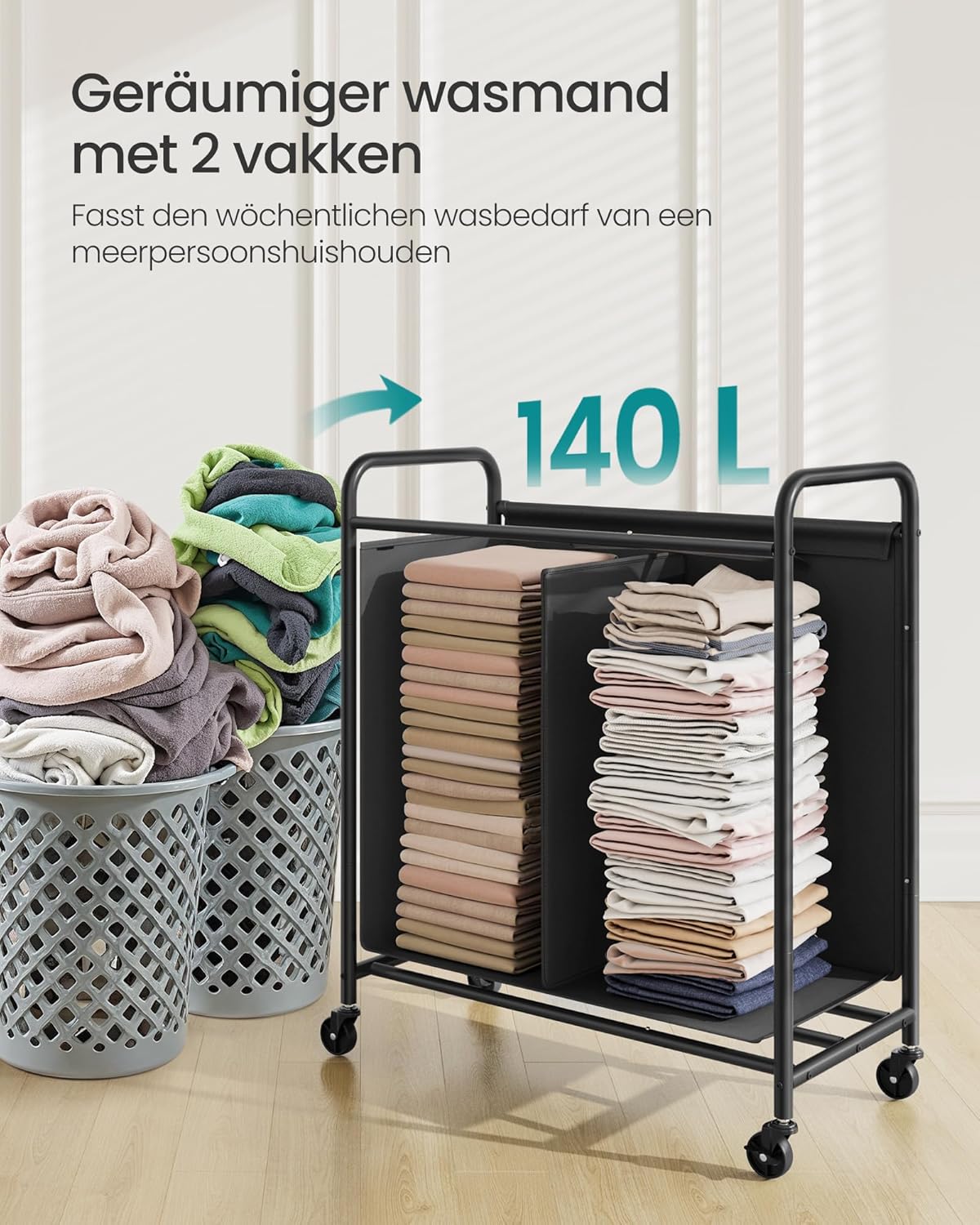 Wassorteerder op Wielen – 2 Compartimenten – Met Handgrepen, Labels en Deksel – 140/170/200 Liter