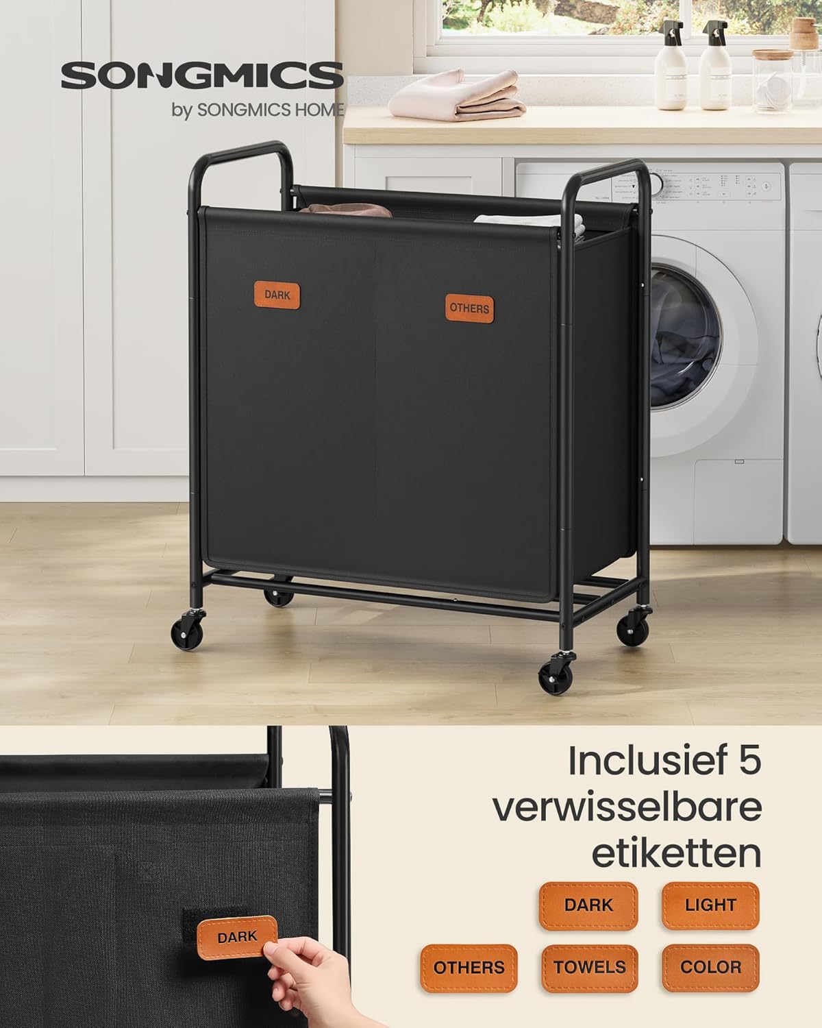 Wassorteerder op Wielen – 2 Compartimenten – Met Handgrepen, Labels en Deksel – 140/170/200 Liter