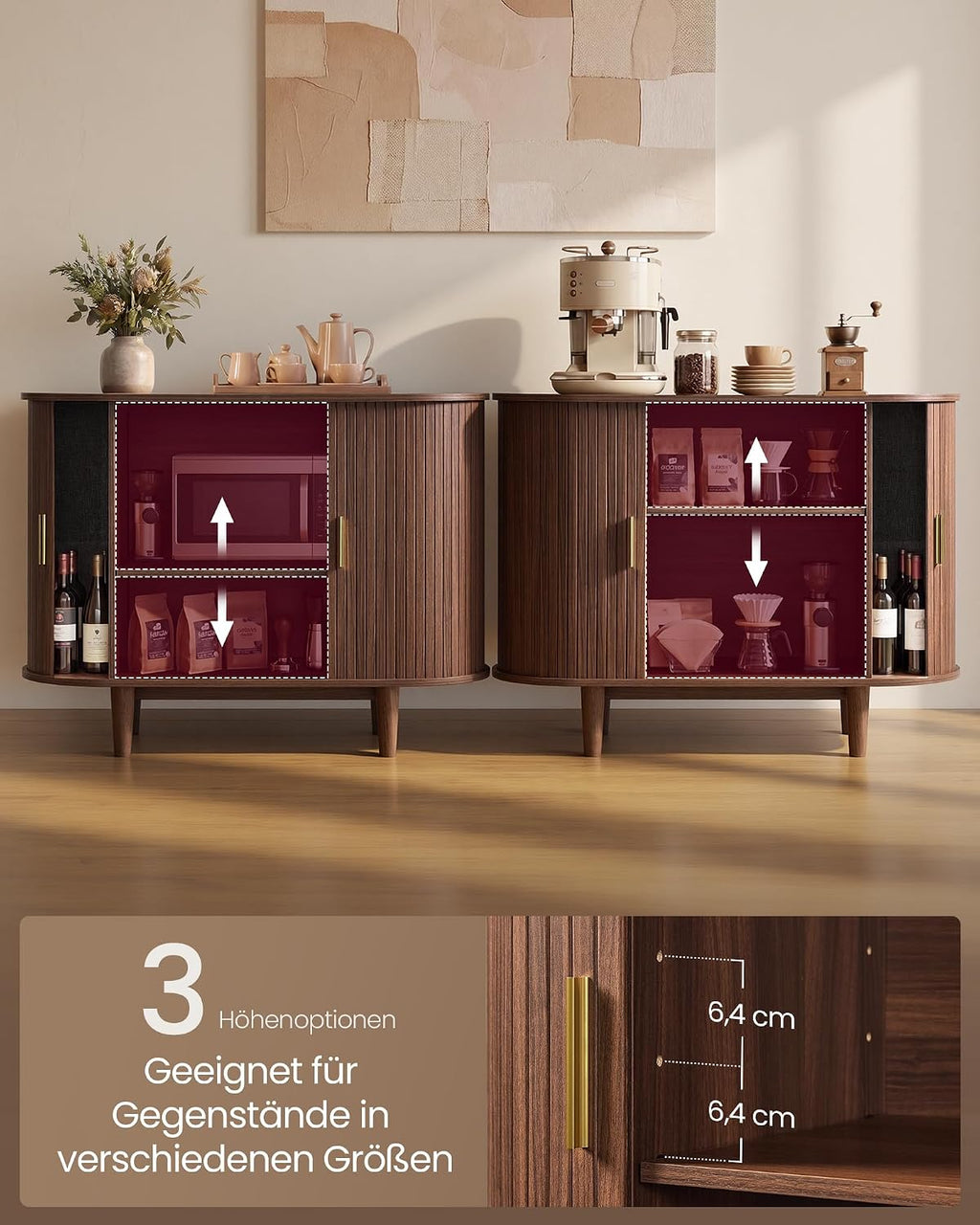 Dressoir Met Schuifdeuren - Geribbeld Walnoot Design - Met Verstelbare Planken