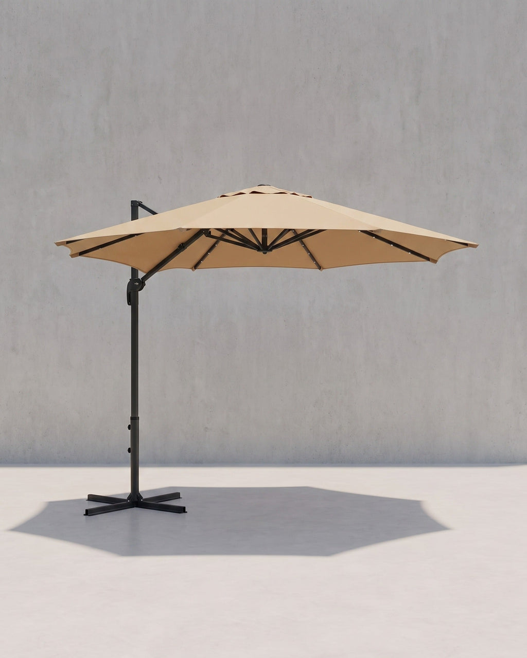 Zweefparasol 300 cm Met LED Solarverlichting – 360° Draaibaar – Traploos Kantelbaar – UPF 50+ – Met Zwengel En Kruisvoet