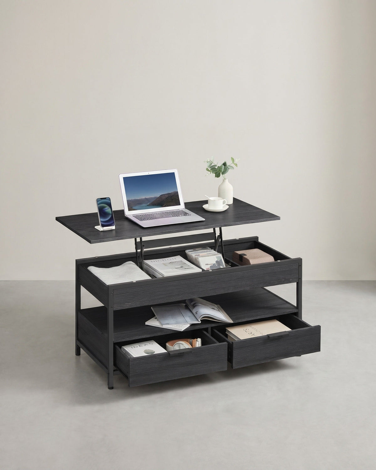 Salontafel Lift-Top – In Hoogte Verstelbaar Blad – Industrieel 100 cm – Met Lades & Opbergruimte