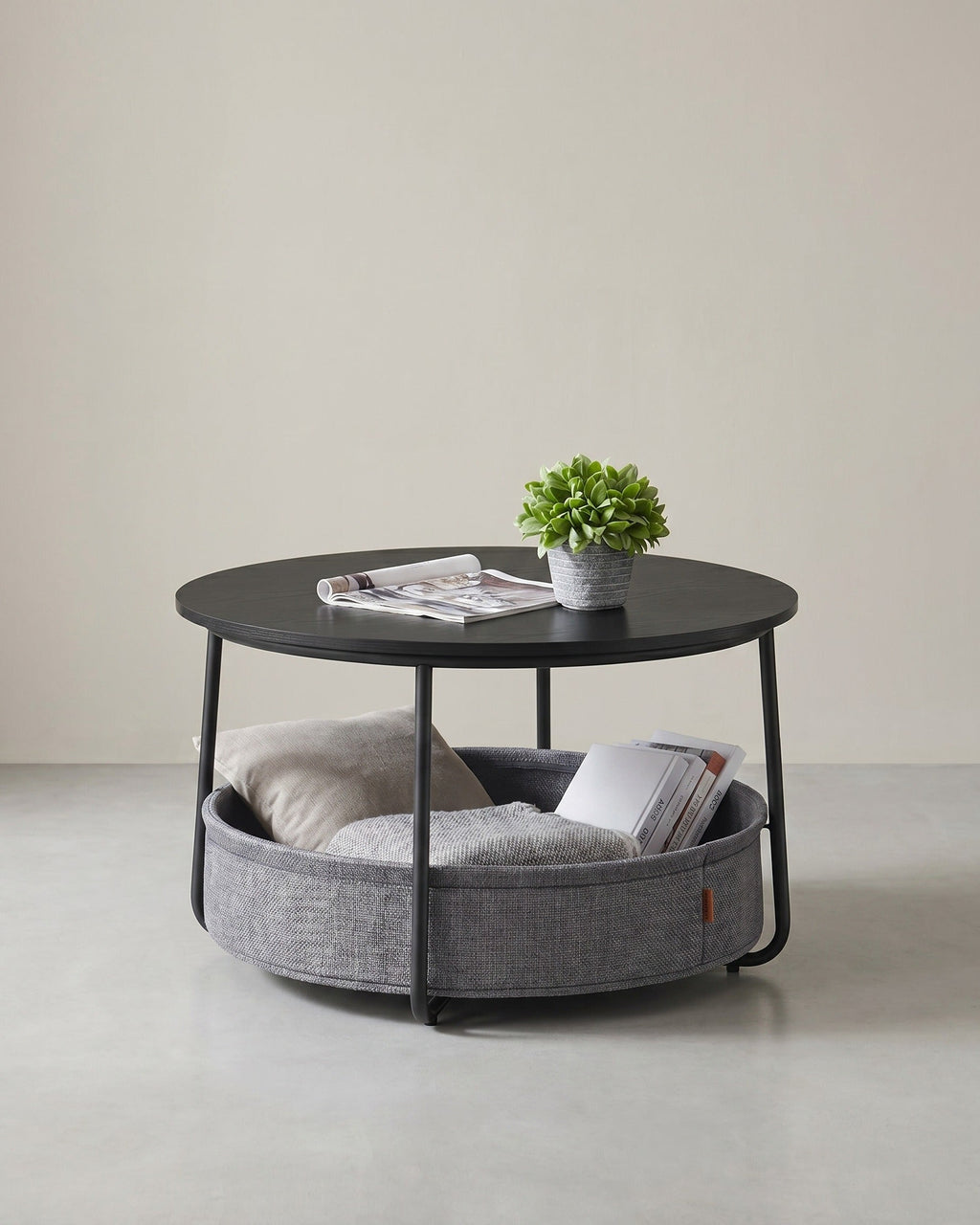 Ronde Salontafel 75 cm met Opbergmand – Stoffen Mand 59 L – Modern met Stalen Poten – voor Woonkamer