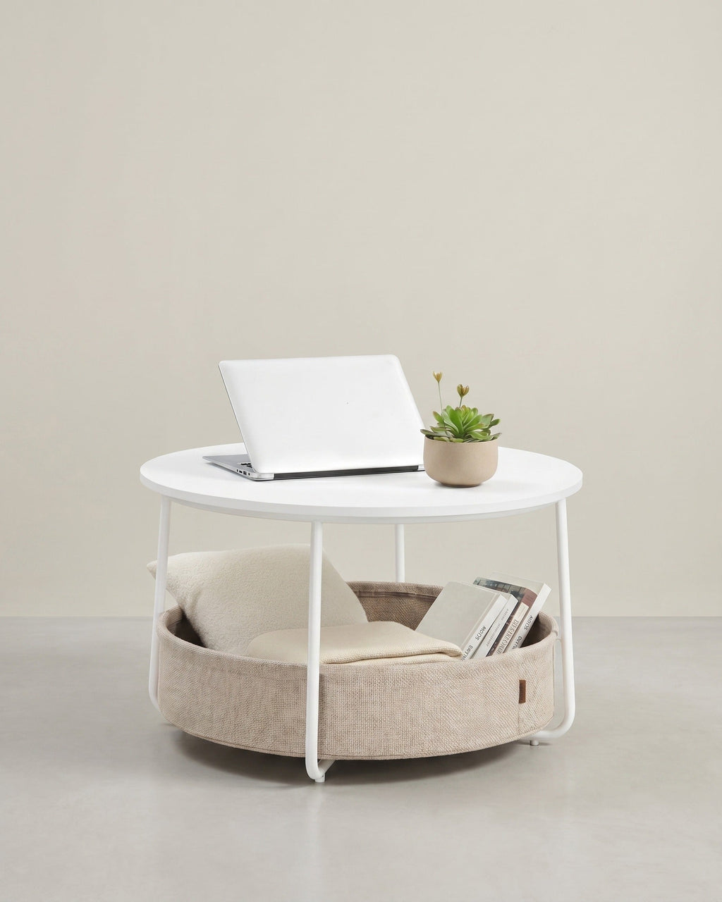 Ronde Salontafel 75 cm met Opbergmand – Stoffen Mand 59 L – Modern met Stalen Poten – voor Woonkamer