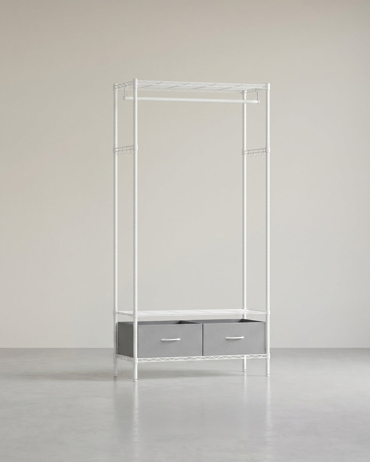 Kledingrek Zwart Metaal – Compact Garderoberek met Lades en Haken – Verstelbare Roede en Planken – 90 cm Breed – Tot 90 kg Draagvermogen