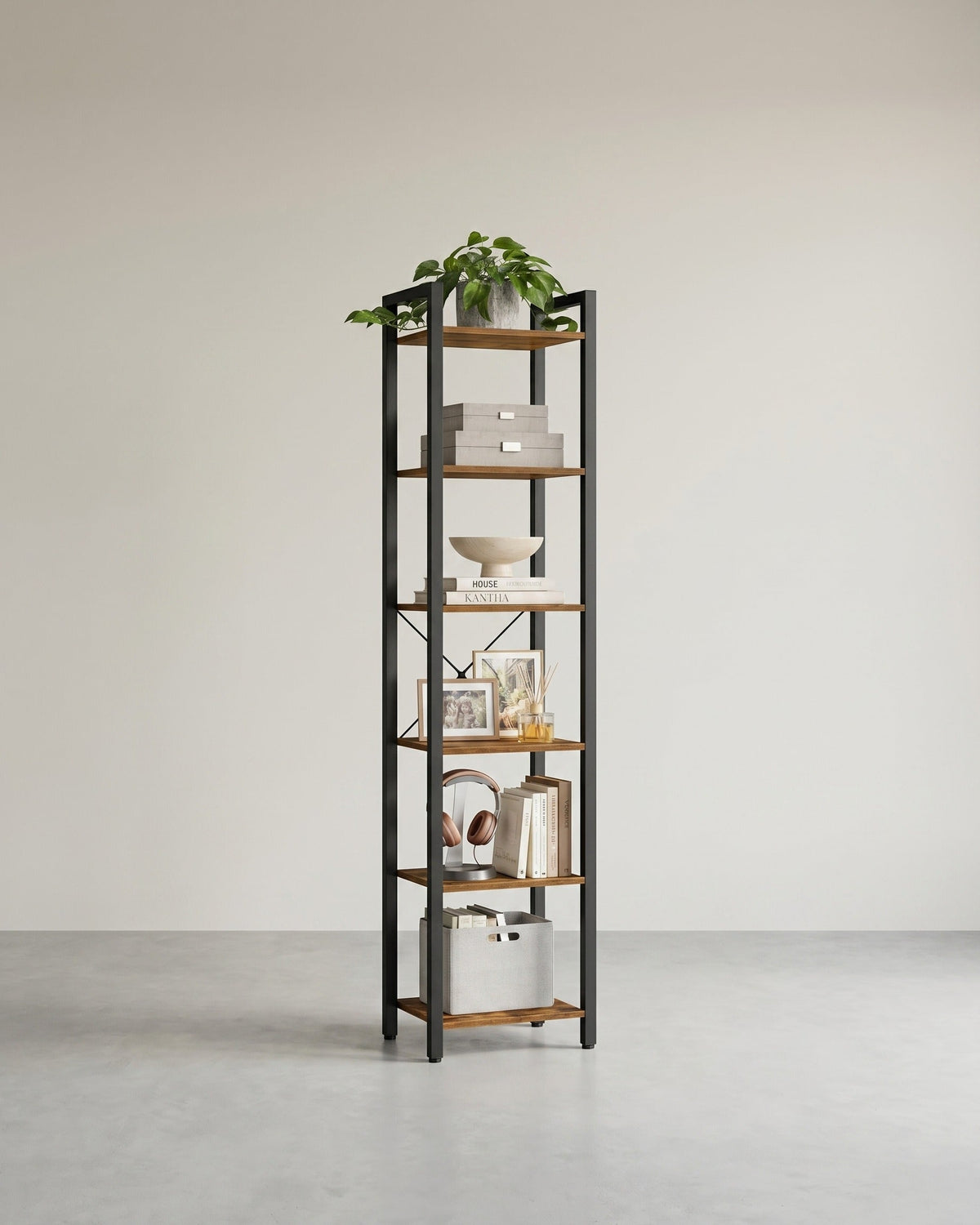 Boekenkast Industrieel – 6 Niveaus – Smal 40 cm – Zwart Metalen Frame met Houtlook – voor Woonkamer & Kantoor