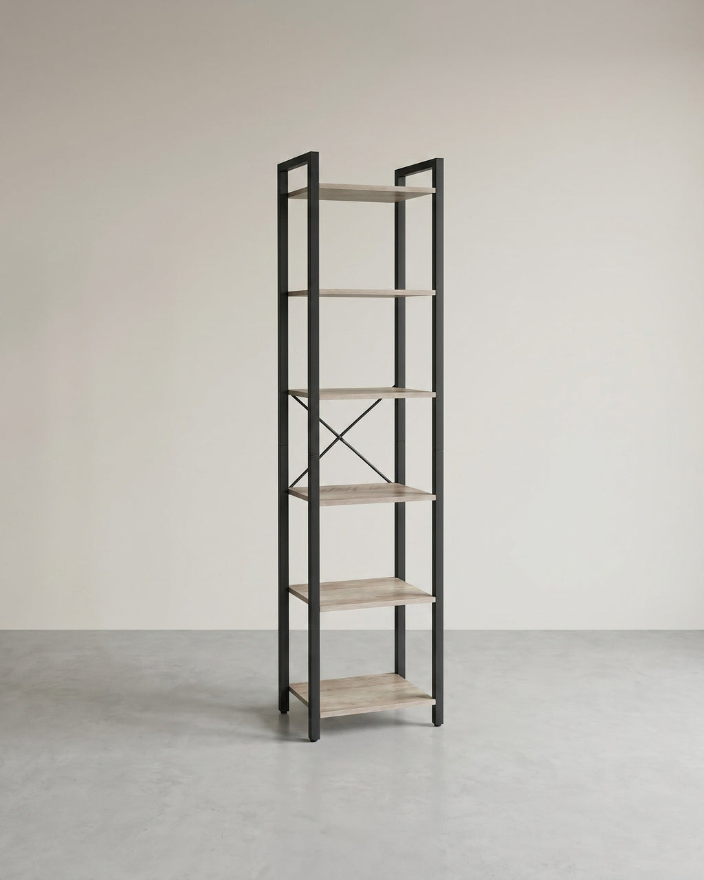 Boekenkast Industrieel – 6 Niveaus – Smal 40 cm – Zwart Metalen Frame met Houtlook – voor Woonkamer & Kantoor