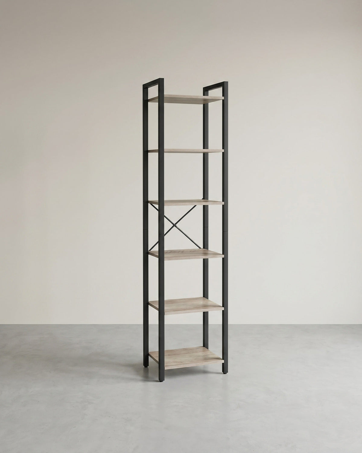 Boekenkast Industrieel – 6 Niveaus – Smal 40 cm – Zwart Metalen Frame met Houtlook – voor Woonkamer & Kantoor