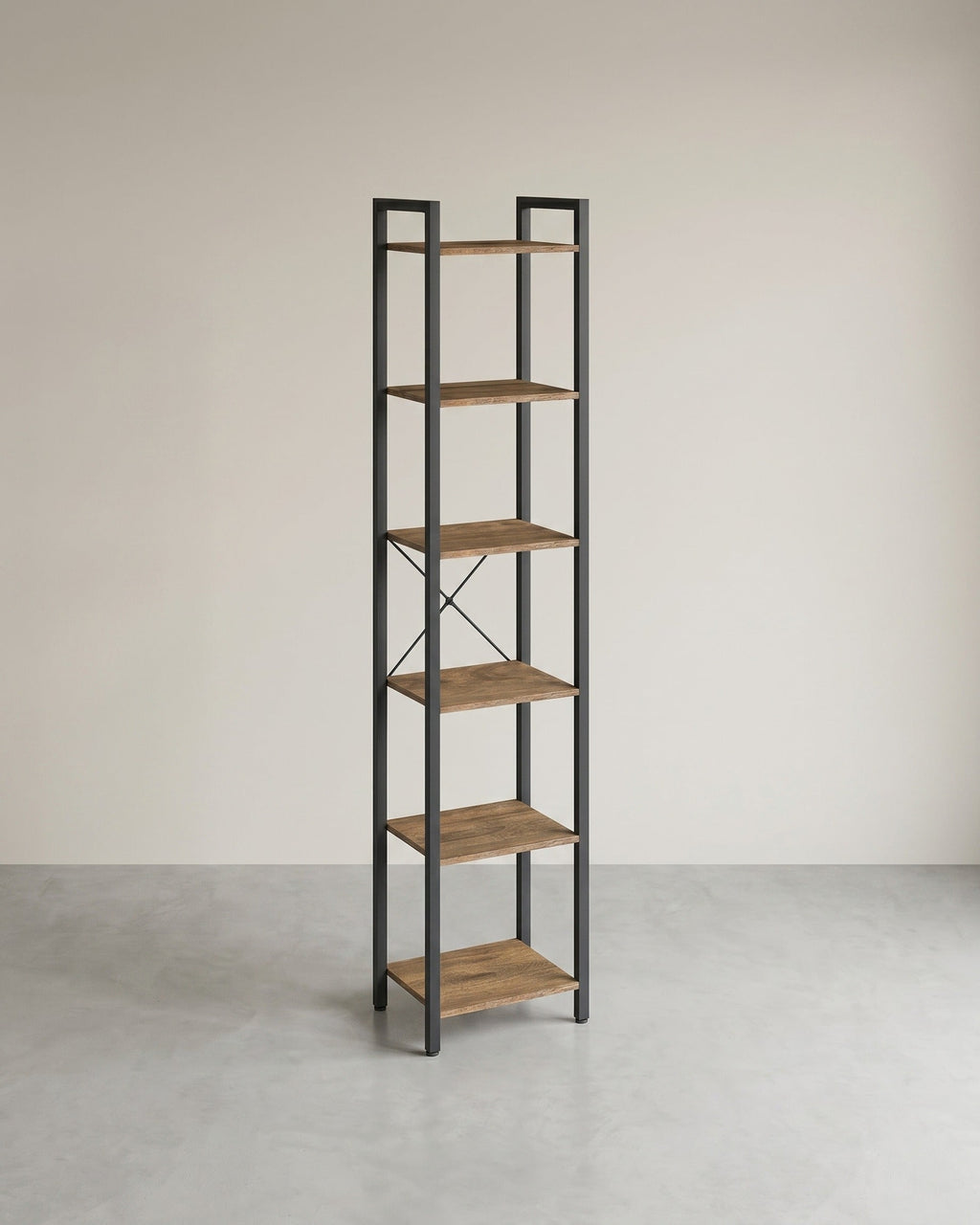 Boekenkast Industrieel – 6 Niveaus – Smal 40 cm – Zwart Metalen Frame met Houtlook – voor Woonkamer & Kantoor