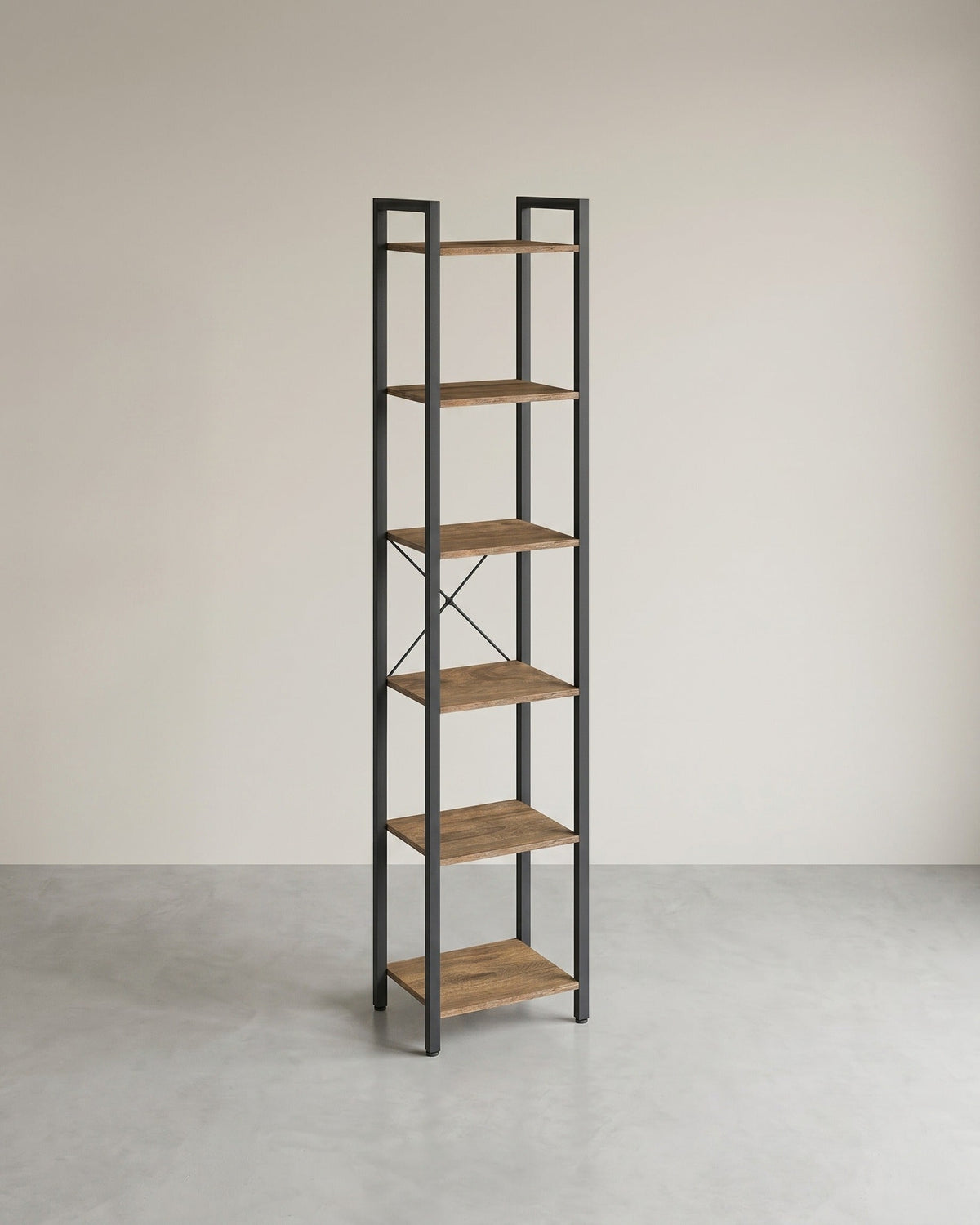 Boekenkast Industrieel – 6 Niveaus – Smal 40 cm – Zwart Metalen Frame met Houtlook – voor Woonkamer & Kantoor