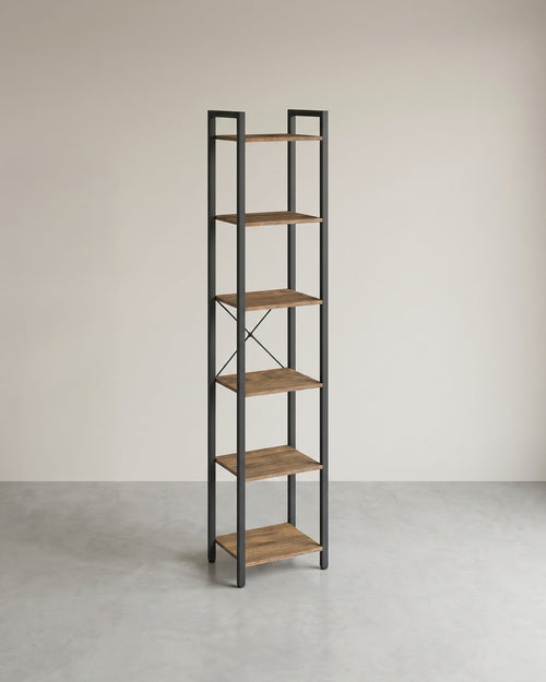 Boekenkast Industrieel – 6 Niveaus – Smal 40 cm – Zwart Metalen Frame met Houtlook – voor Woonkamer & Kantoor