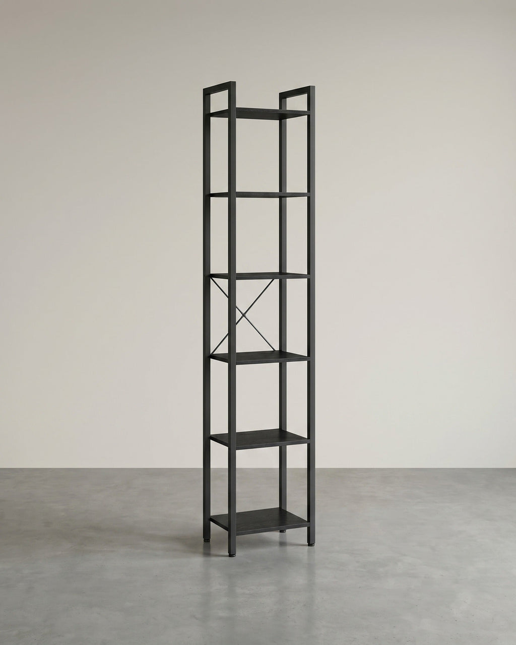Boekenkast Industrieel – 6 Niveaus – Smal 40 cm – Zwart Metalen Frame met Houtlook – voor Woonkamer & Kantoor