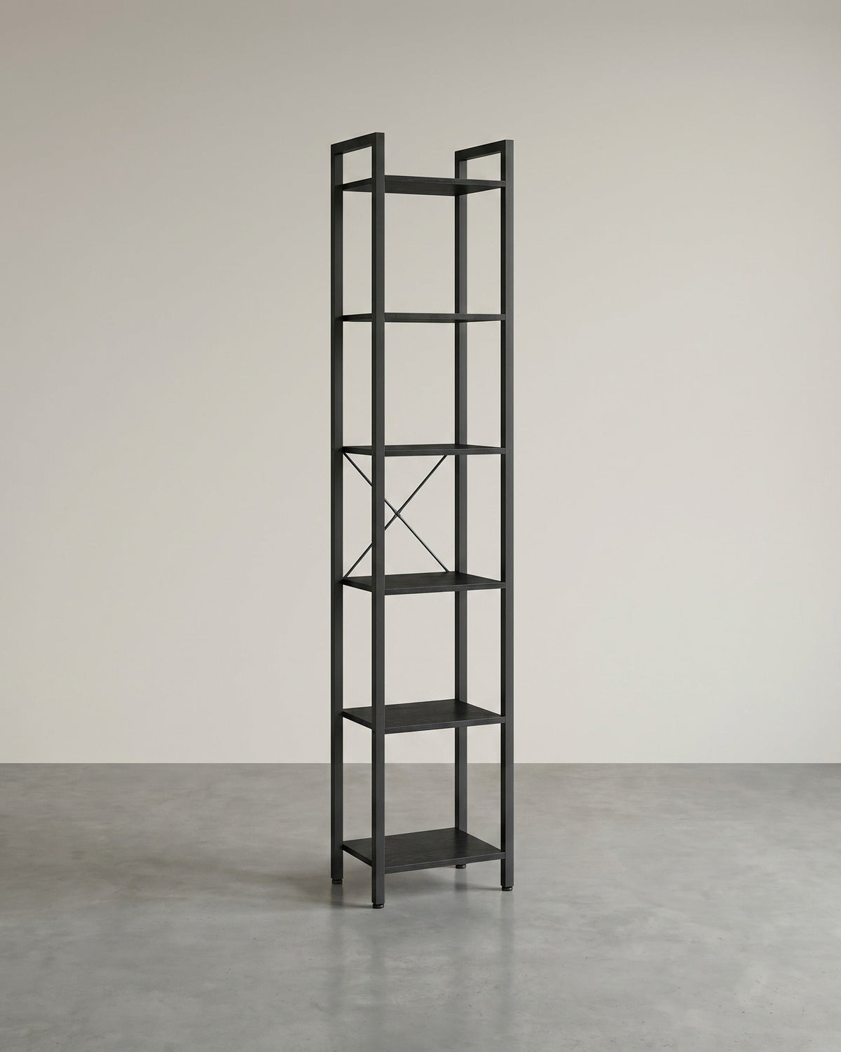 Boekenkast Industrieel – 6 Niveaus – Smal 40 cm – Zwart Metalen Frame met Houtlook – voor Woonkamer & Kantoor