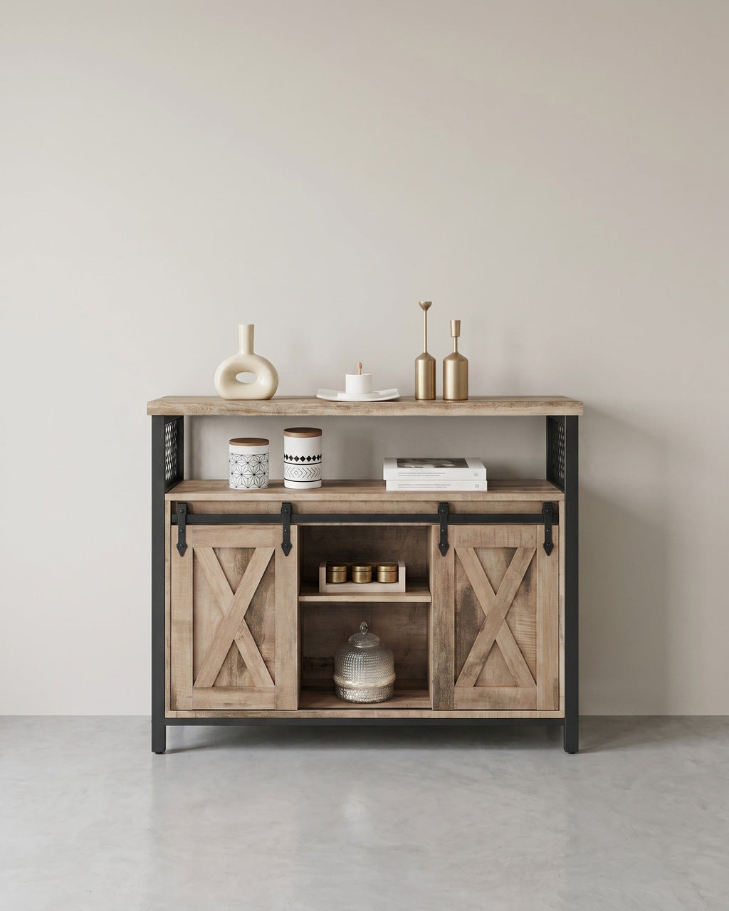 Dressoir met Schuifdeuren - Kast 100 cm breed - Vintage Bruin & Zwart