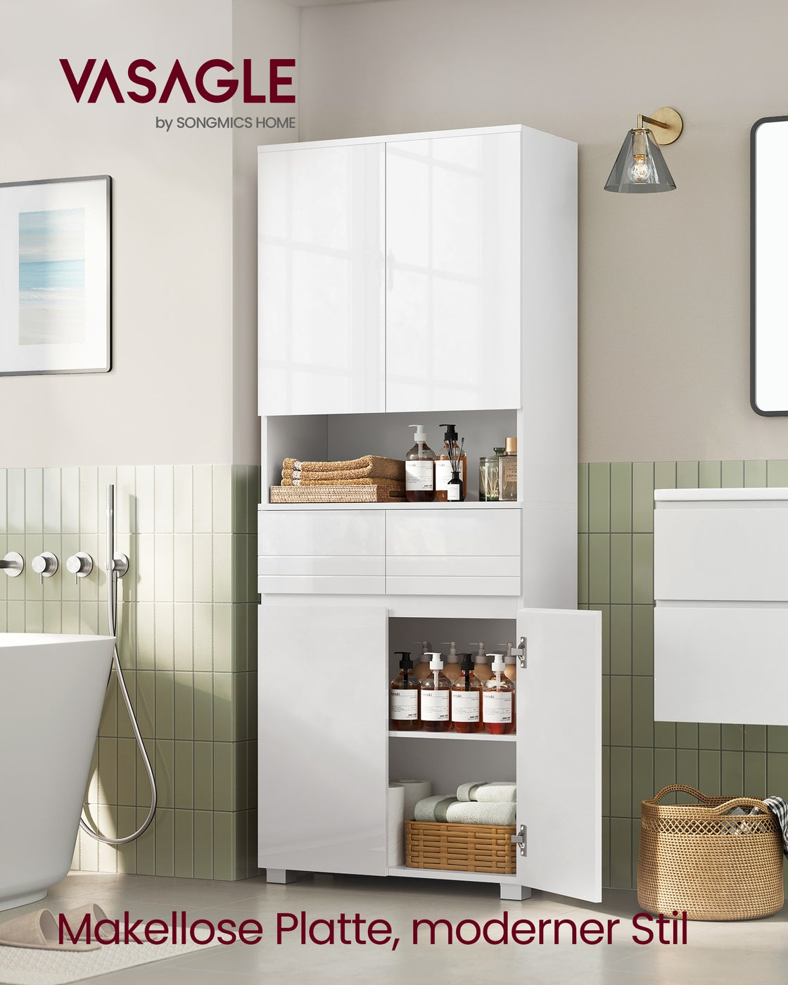 Smalle Hoge Badkamerkast - Met Glazen Deur En Pootjes - Voor Badkamer
