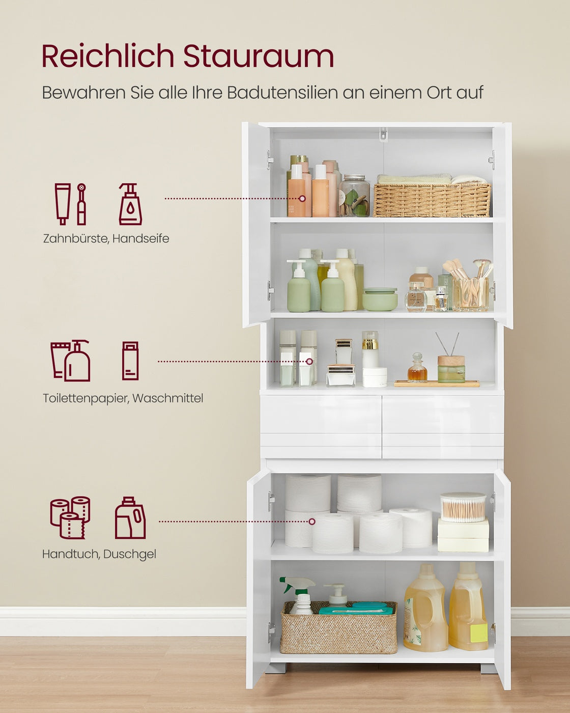 Smalle Hoge Badkamerkast - Met Glazen Deur En Pootjes - Voor Badkamer