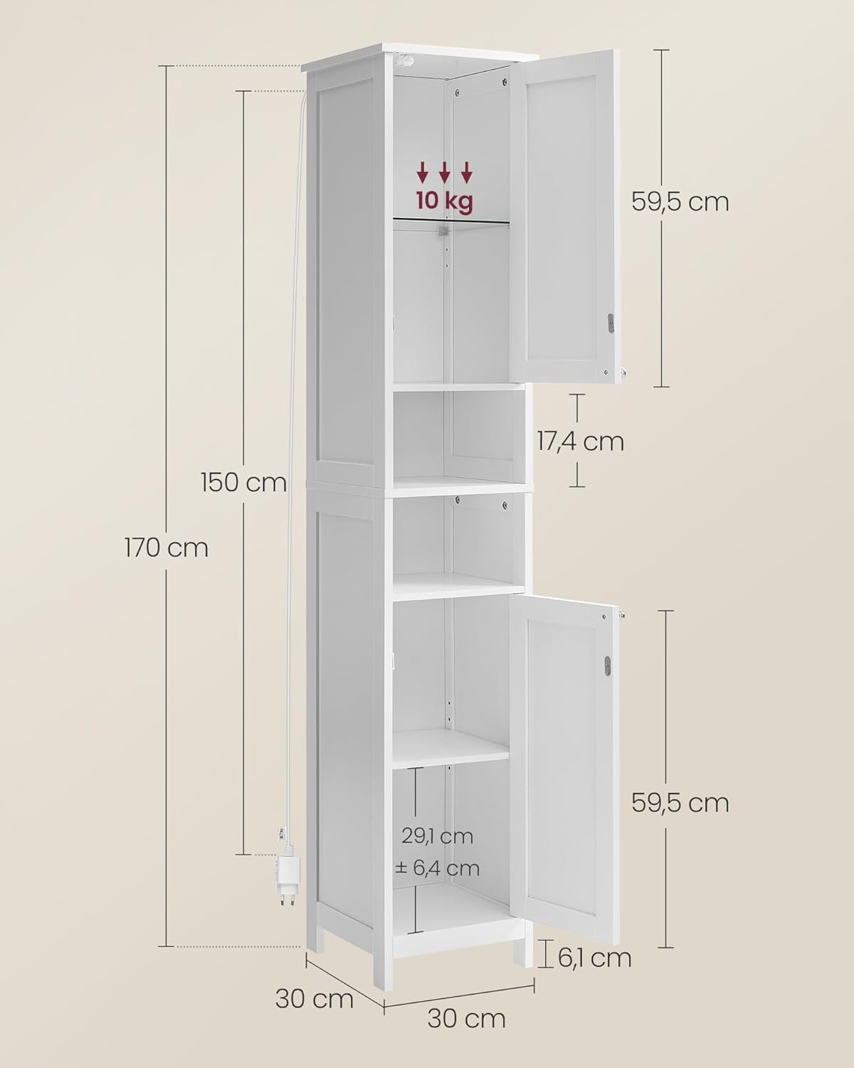 Hoge en Smalle Badkamerkast met Verlichting – Moderne Opbergkast – Met Verstelbare Planken – 170 cm Hoog – Wit
