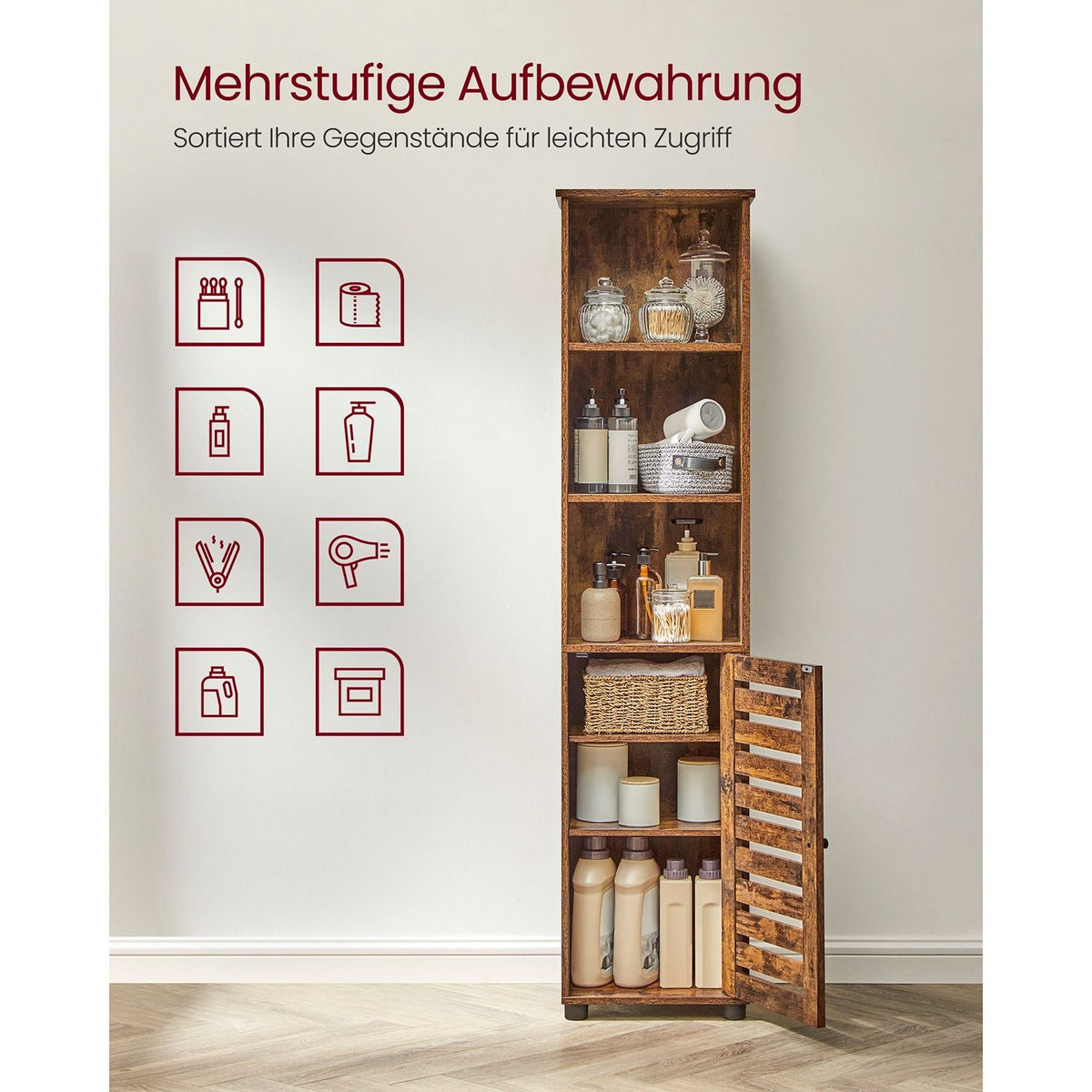 Opbergkast Hoog 167 cm – Met Deur en Open Vakken – Industrieel Design – Rustiek Bruin