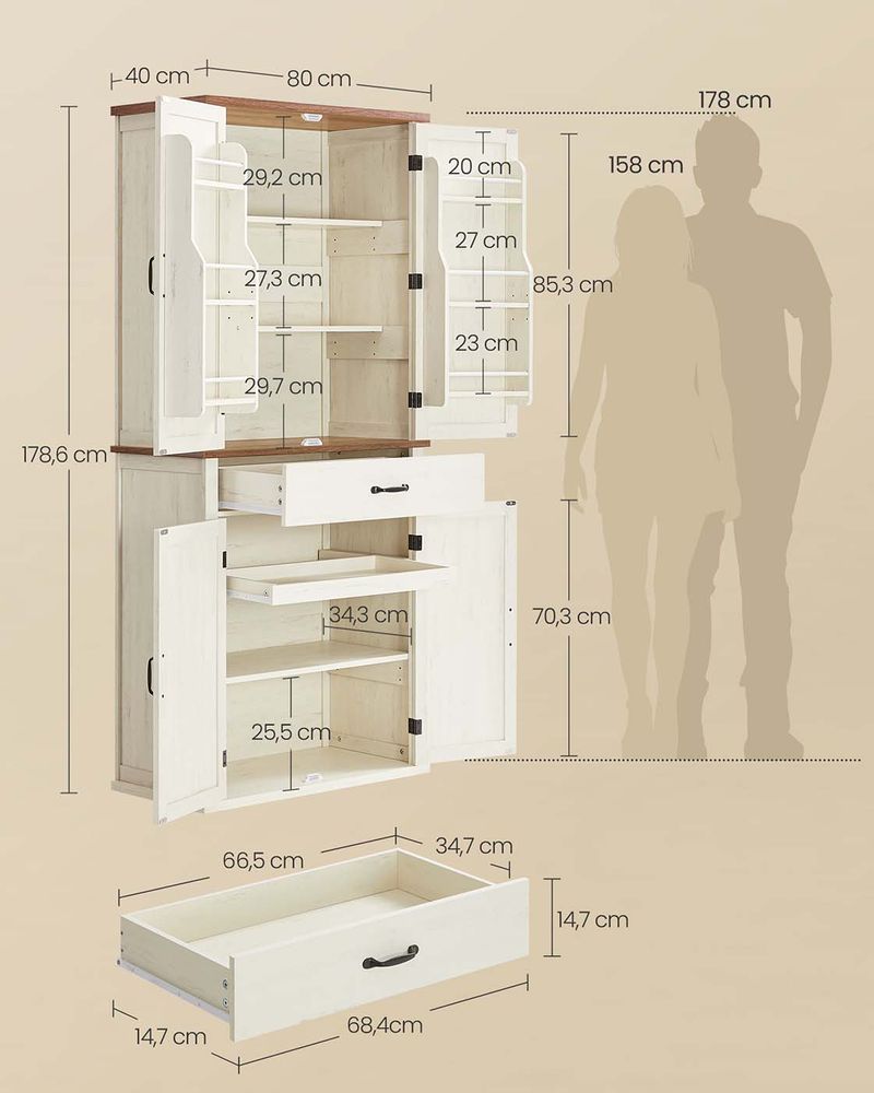 Voorraadkast met Lade en Uittrekbaar Vak – 80 cm Breed – Verstelbare Planken – Vintage Wit