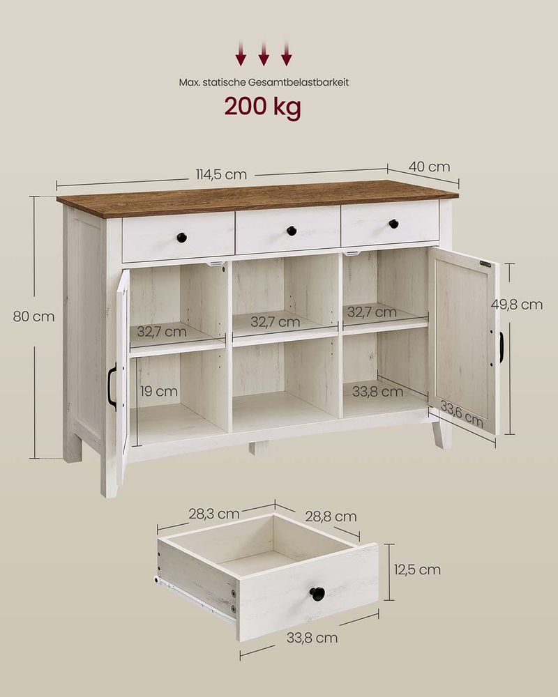 Buffetkast met Veel Opbergruimte – Dressoir in Landhuisstijl – Kabelbeheer & Verstelbare Planken