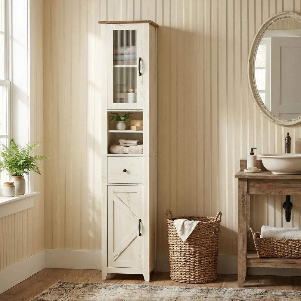 Badkamerkast In Landelijke Stijl - Smalle Badkast Met Lade En Planken - Voor Badkamer