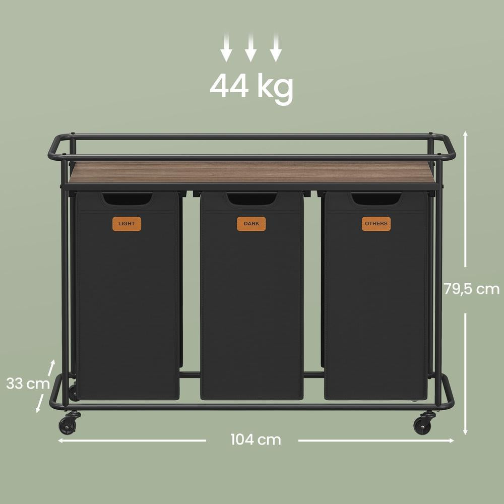Wasmand - 3 Vakken - 150 Liter Totaal - Met Wielen En Plank