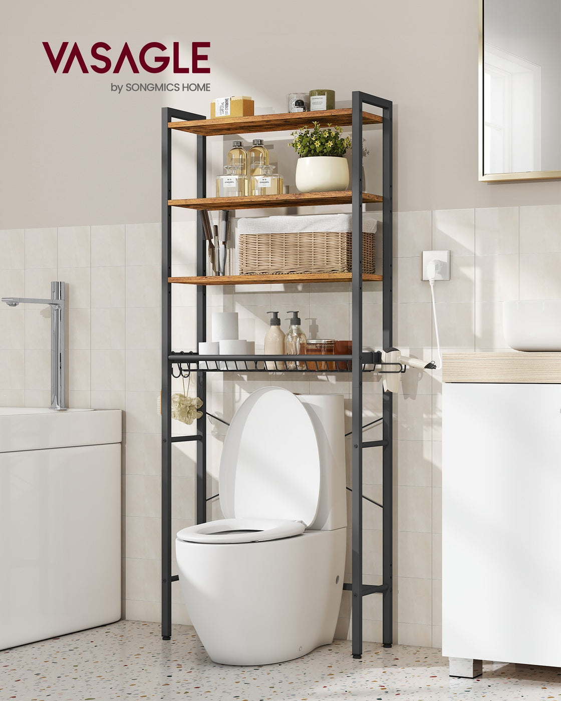 Badkamerrek Boven Toilet - Stalen Frame Met Houten Planken - Voor Compacte Badkamer