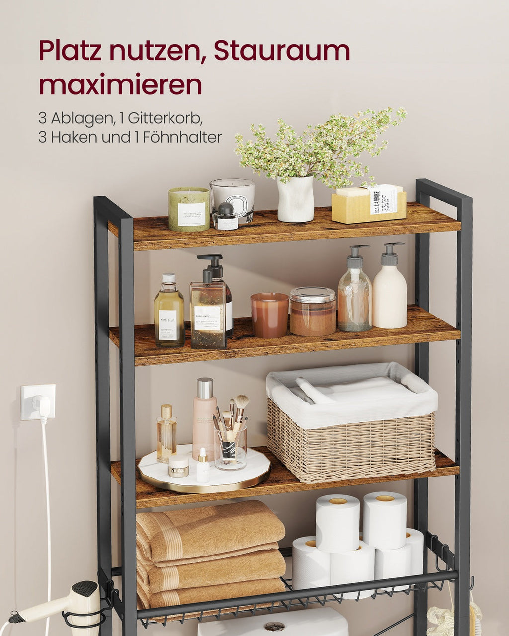 Badkamerrek Boven Toilet - Stalen Frame Met Houten Planken - Voor Compacte Badkamer