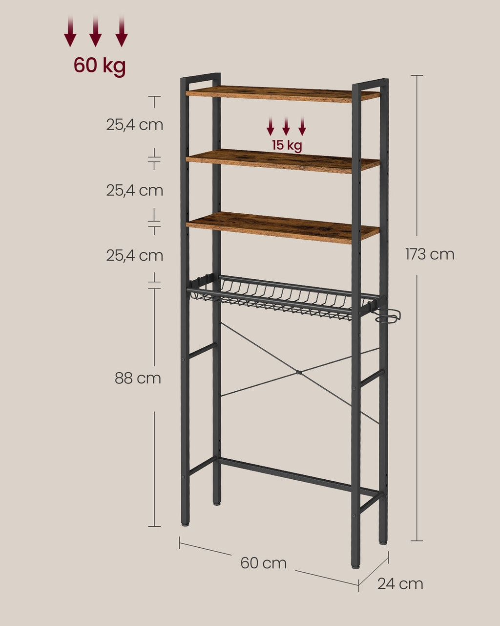 Badkamerrek Boven Toilet - Stalen Frame Met Houten Planken - Voor Compacte Badkamer