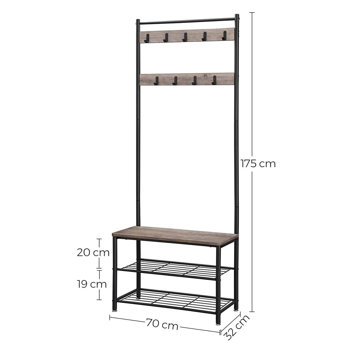 Kapstok met Bank – 3-in-1 Garderoberek – Jassen, Schoenen & Zitbank – 70 x 32 x 175 cm