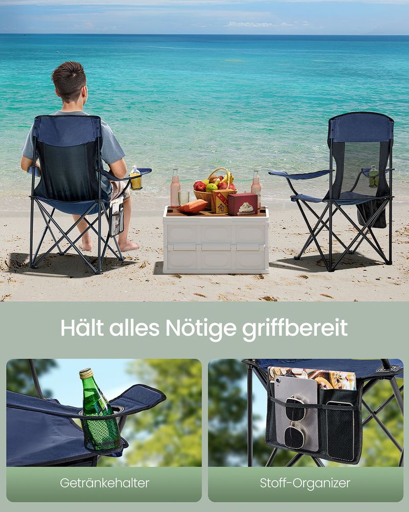 Campingstoelen Set van 2 – Opvouwbare Klapstoelen met Organizer en Bekerhouder – Draagbaar &amp; Comfortabel – 150 kg Draagvermogen